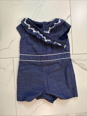 Janie and Jack Light Denim Romper with Floral Embroidered Ruffle